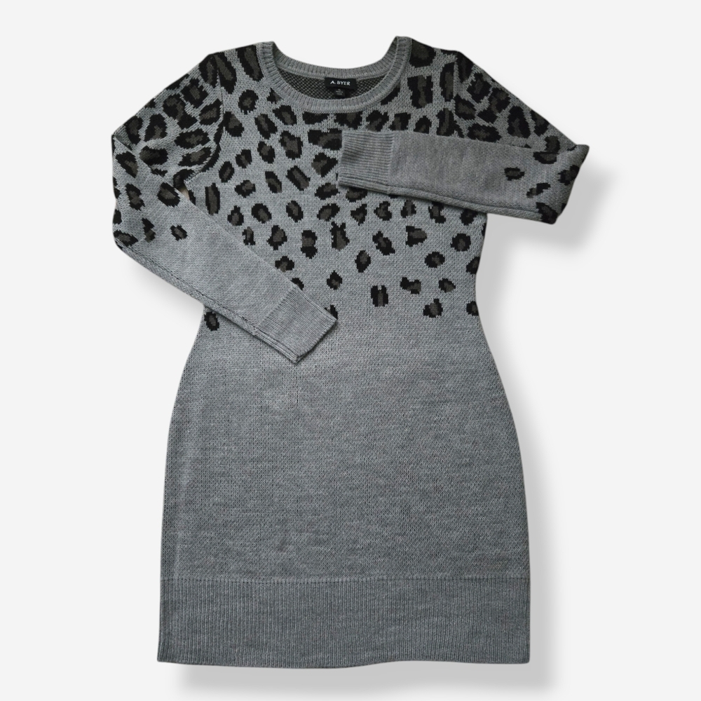 Gray Knit Sweater Dress Long Sleeves Cheetah Print XL NWT